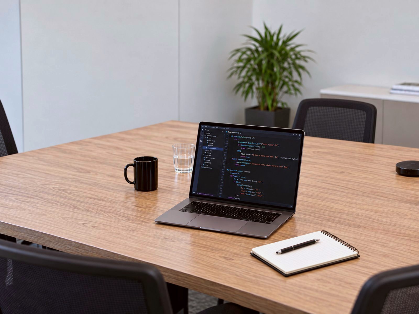 A laptop open on a meeting-room table showing an in-progress codebase