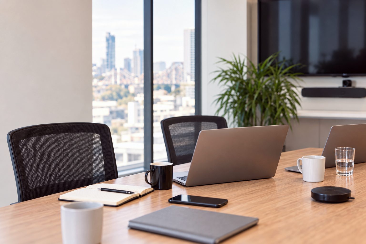 A meeting-room table set up for a working session: laptops, a notebook and coffee cups, with the city skyline through the window