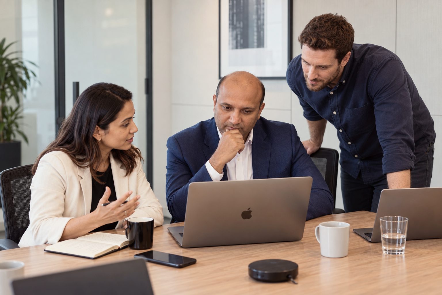 Three members of the TechFluent Systems team talking through a problem around a laptop in a meeting room