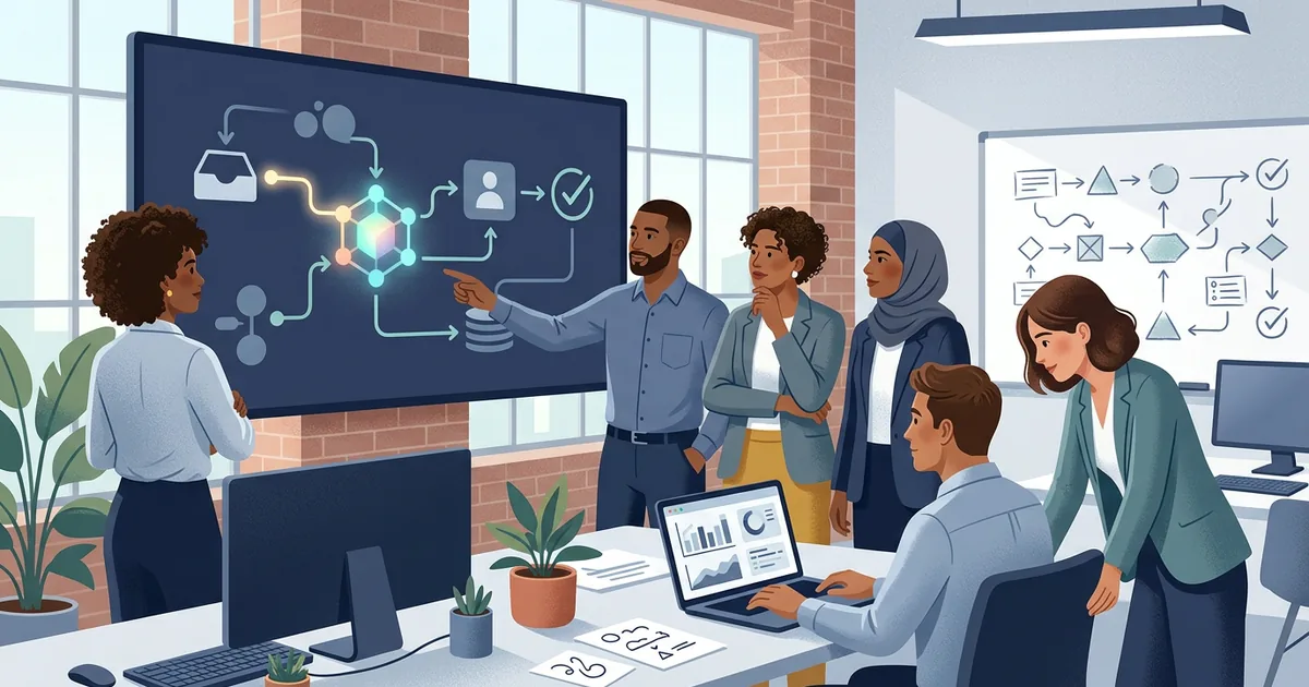 A team in an office watching a large screen that shows a workflow from an inbox through an AI step and a person's review to a tick, while a colleague checks results on a laptop.